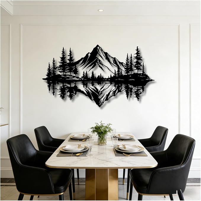 Metal Mountain Wall Art, Pine Trees And Hills Metal Decor, Mountain And Forest Metal Wall Decor, Horizontal Metal Wall Sculpture, Large Nature Wall Art(Black,41x23in/105x58cm)