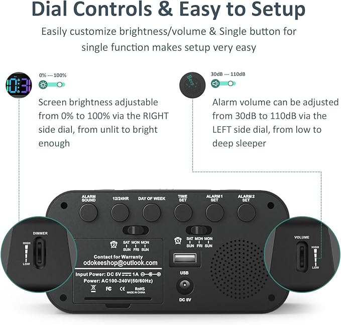 Digital Dual Alarm Clock for Bedroom: RGB Electric Clock with USB Charger for Kids Teens - Dimmable Clock with Weekday Weekend Mode for Bedside Desk