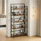 JSB Folding Bookshelf,Industrial Storage Shelves, No Assembly Vintage Wood Look Bookshelf with Storage Shelves for Living Room, Bedroom, Office (Fire Brown, Wide 5-Tier)