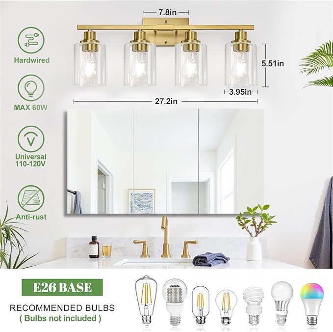 4-Light Bathroom Light Fixtures, Vanity Light with Clear Glass Shades, Brushed Gold Bathroom Light Fixtures Over Mirror, Modern Bathroom Wall Lamp for Mirror Living Room Cabinet Bedroom