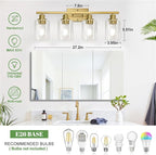 4-Light Bathroom Light Fixtures, Vanity Light with Clear Glass Shades, Brushed Gold Bathroom Light Fixtures Over Mirror, Modern Bathroom Wall Lamp for Mirror Living Room Cabinet Bedroom