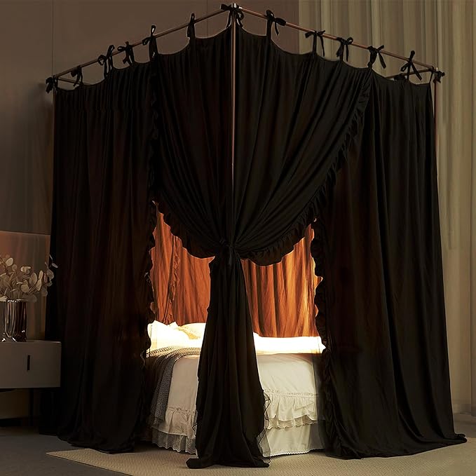 4 Corners Post Princess Curtain Bed Canopy Double Layer Cozy Mosquito Net Mesh and Cloth for Girls Adults Bedroom Decoration (Double-Black/Black, 53" W*78" L*82"*H/(Full))