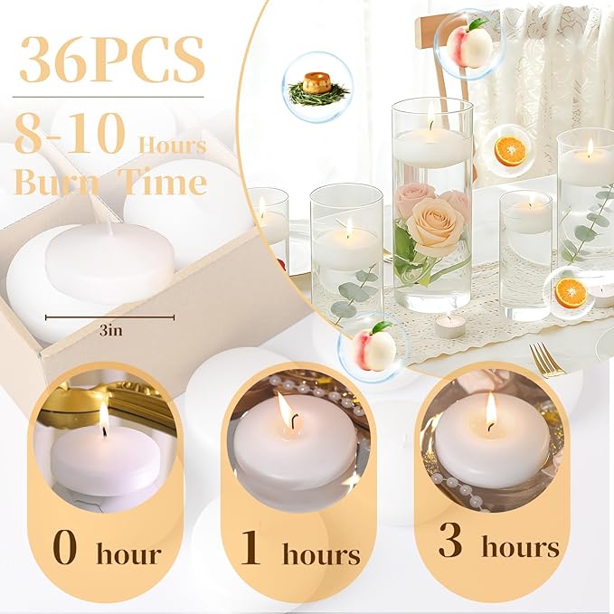 3 Inch Vanilla Sugar Scented Floating Candles,36 Pack White Floating Disc Candles, 8-10 Hour Long Burning for Wedding Centerpieces, Home Spa, Holiday Party & Pool Decor,Outdoor Dinners