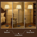 Vintage Floor Lamp with Night Light, 65" Retro Standing Lamp with Brown Finish and Beige Faux Silk Shade, Farmhouse Industrial Design Tall Lamp for Living Room Bedroom Bedside Corner (Bulb Included)