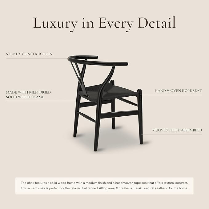 Poly & Bark Weave Dining Chairs – Mid-Century Modern Wishbone Dining Chairs with Arms, Solid Wood Frame, Indoor Use – Pitch Black – Single - Ideal for Dining Room, Kitchen or Stylish Accent Setting