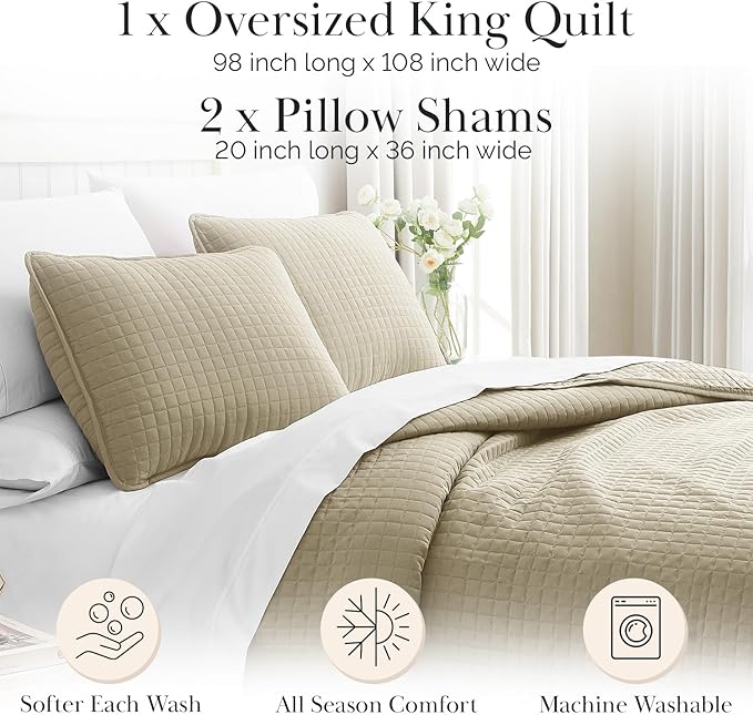 Southshore Fine Living, Inc. Oversized King Quilt Bedding Set, Taupe Quilt California/King Size Bedspread with 2 Matching Pillow Shams, Microfiber Soft & Cozy Bedding Coverlet, Taupe