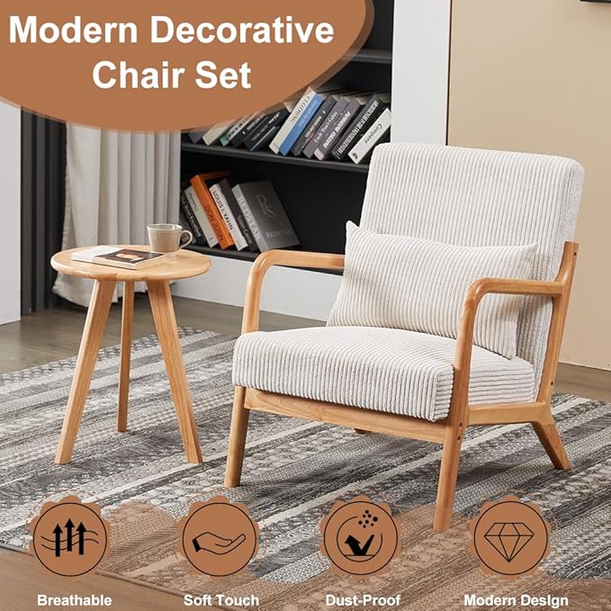 KEIKI Mid-Century Modern Upholstered Accent Chair with Side Table, Reading Chair Set