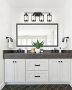 4-Light Black Bathroom Light Fixtures, 29 Inch Modern Bathroom Vanity Lighting Fixtures Over Mirror with Clear Glass and Metal Cage Wall Sconce Lights for Bath, E26, OS-3014BK-4W