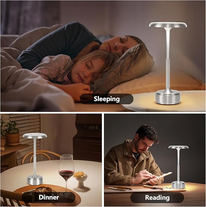 Rechargeable Cordless LED Table Lamps Touch Sensor Light, 3-Levels Portable Dimming Wireless Battery Operated Lamp，Nightstand Lamp/Night Light/Restaurant Table/Outdoor/Coffee/Bar (Silver)