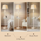 Vintage Floor Lamp with Nightlight and Glass Tray, Farmhouse Standing Lamp with White Washed Finish and Linen Shade, 65" Rustic Tall Lamp Decor for Living Room, Bedroom, Office, House (Bulb Included)