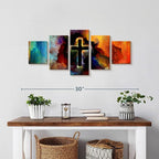 Elephant Stock Colorful Cross Wall Art Multi Piece Canvas - 5 Panel Christian Pictures Decor - Digital Design Canvas Print - Christian Wall Decor - 29" X 12"