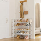 4 Tier Shoe Rack for Closet Shoe Organizer with 5 Hooks, Long Shoe Shelf Storage for Shoe and Boot Stackable Free Standing Shoe Rack for Entryway, Garage, Small Spaces, Dorm, White
