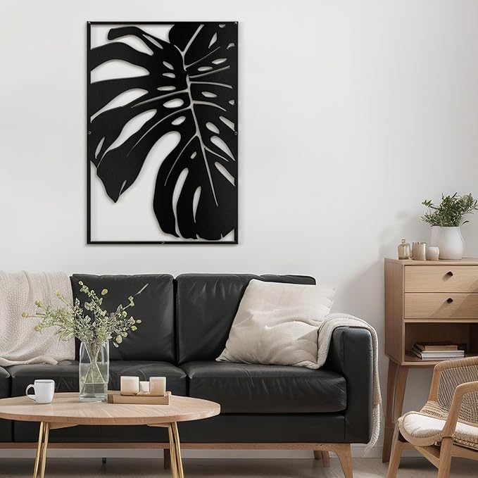 SIGNLEADER Metal Wall Art Decor Monstera Leaf Minimalist Modern Abstract Wall Sculpture Hangings Home Decoration for Living Room, Bedroom, Bathroom, Kitchen, Outdoor - 24" Black