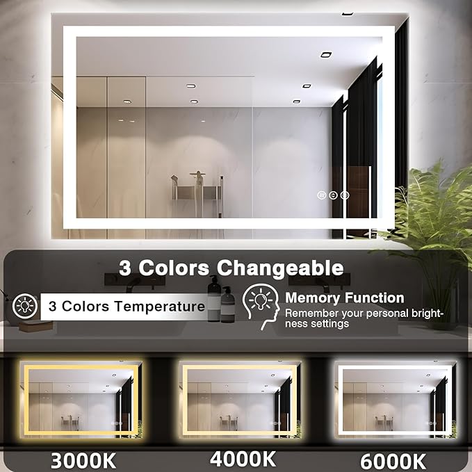 48"x32" LED Bathroom Mirrors for Wall, Front and Backlit Mirror, Anti-Fog Vanity Mirror with Lights, Stepless 3 Colors Dimmable Lighted Mirror(Horizontal/Vertical)