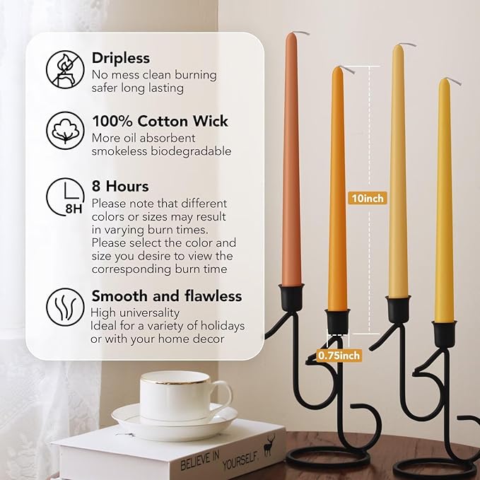 10-Inch Unscented Dripless Taper Candles - Fall Taper Candles Bulk 12 Pack for Dinner - Smokeless, 6-8 Hour Burning - Mixed Candlesticks - Burgundy, Caramel, Blaze, Ochre