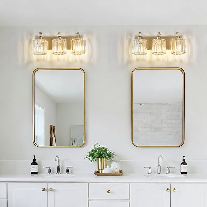 3-Lights Brushed Brass Bathroom Light Fixture Gold Vanity Lights Modern Crystal Bathroom Vanity Lighting Over Mirror Wall Sconce with K9 Crystal Shade E26 Base for Living Room, Bedroom Wall Lamp