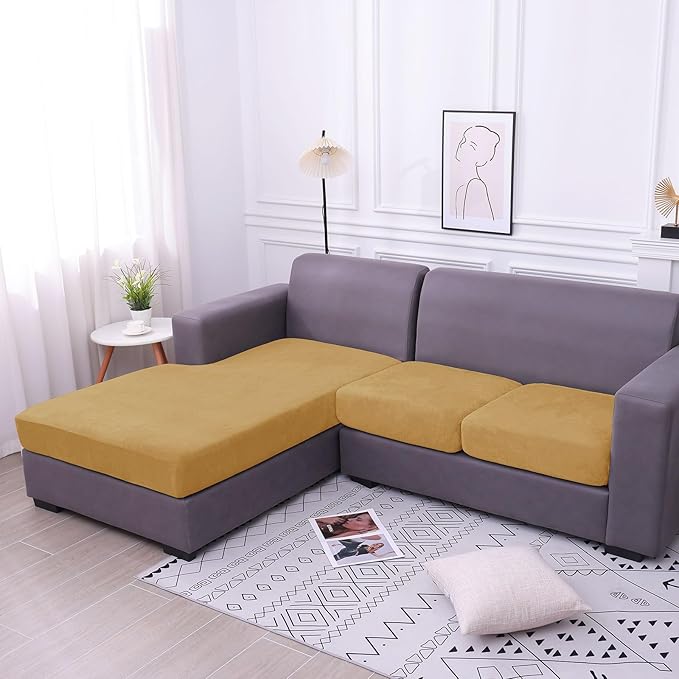 hyha Velvet Couch Cushion Covers, Stretch Chaise Lounge Sectional Couch Seat Covers L Shape for Sectional Sofa, Soft Sofa Cushion Slipcover Washable with Elastic Bottom(Chaise, Camel)