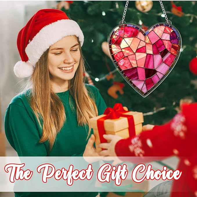 Acrylic Heart Gifts for Women Lovers Pink Valentine's Day Stained Glass Design Hanging Ornaments, Ornaments for Home Window & Car Decor, Sun Catcher for Home Decor