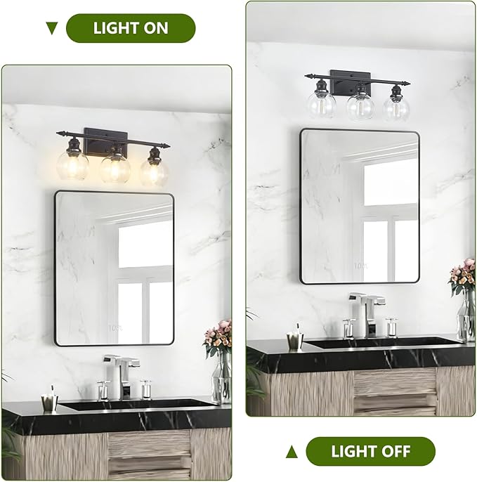 3-Light Bathroom Light Fixtures Matte Black Vanity Light Over Mirror Modern Vanity Lighting with Clear Glass Globe Vintage Wall Sconce for Kitchen Living Room Hallway Bedroom