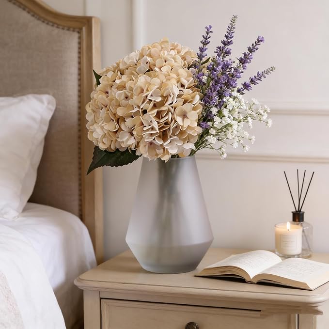 Kimura's Cabin 6pcs Cream Fake Hydrangea Flowers Artificiales Bouquets Faux Silk Hydrangea with Stems for Home Wedding Party Table Core Decoration (Beige)