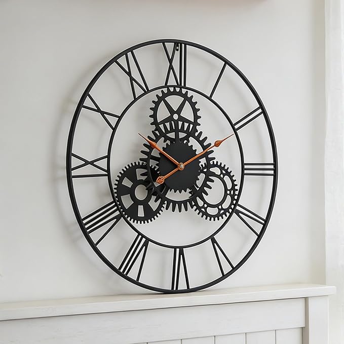 Steampunk Wall Clock 24 Inch, Industrial Metal Gears with Roman Numerals, Retro Distressed Finish Mechanical Art for Bar, Living Room, Cafe Decor