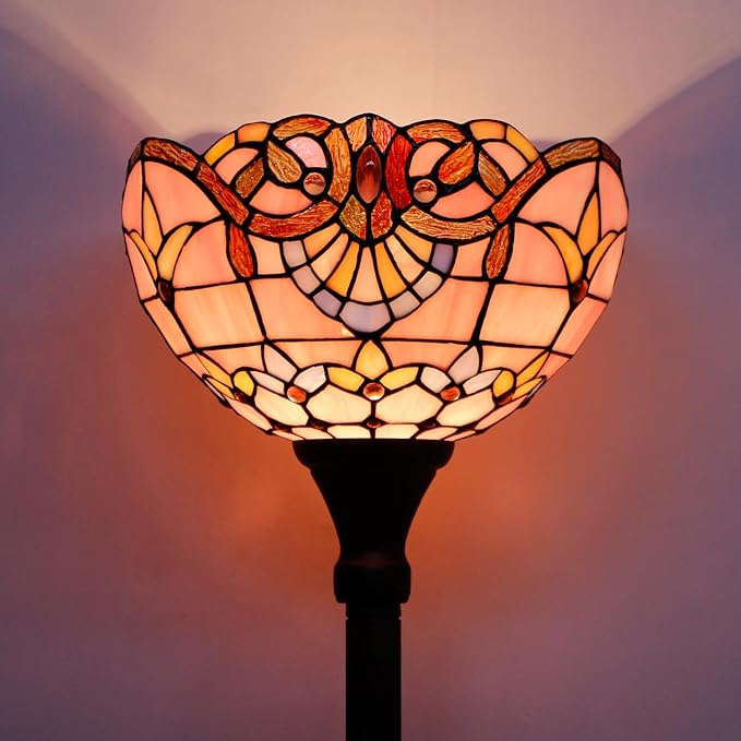 WERFACTORY Tiffany Floor Lamp Pink Baroque Stained Glass Light 12X12X71 Inches Pole Torchiere Standing Corner Torch Uplight Decor Bedroom Living Room Home Office S003P Series