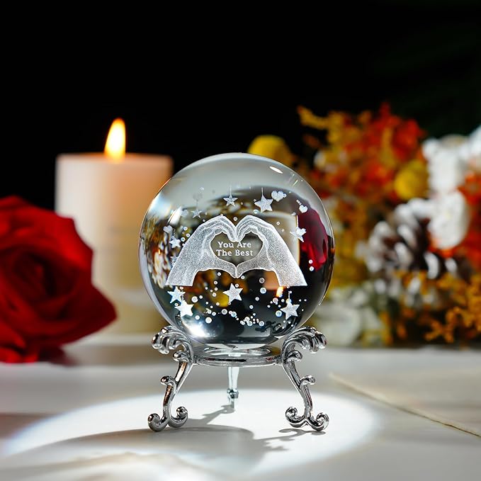 HDCRYSTALGIFTS 60mm 3D Laser Engraved Heart Hands Crystal Ball Paperweight Love Finger Valentines Figurines Gift for Women, Glass Decorative Ball Sphere for Shelf Living Room