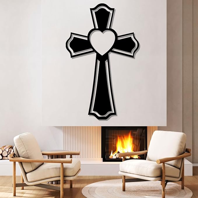 Metal Cross for Wall, Crosses Wall Decor, Cross Heart Metal Wall Art, Christian Wall Decor, Christian Cross Wall Decor, Religious Wall Decor, Faith Wall Decor, Spiritual Wall Decor (Black, 53"x34" | 135x85cm, metal wall art)