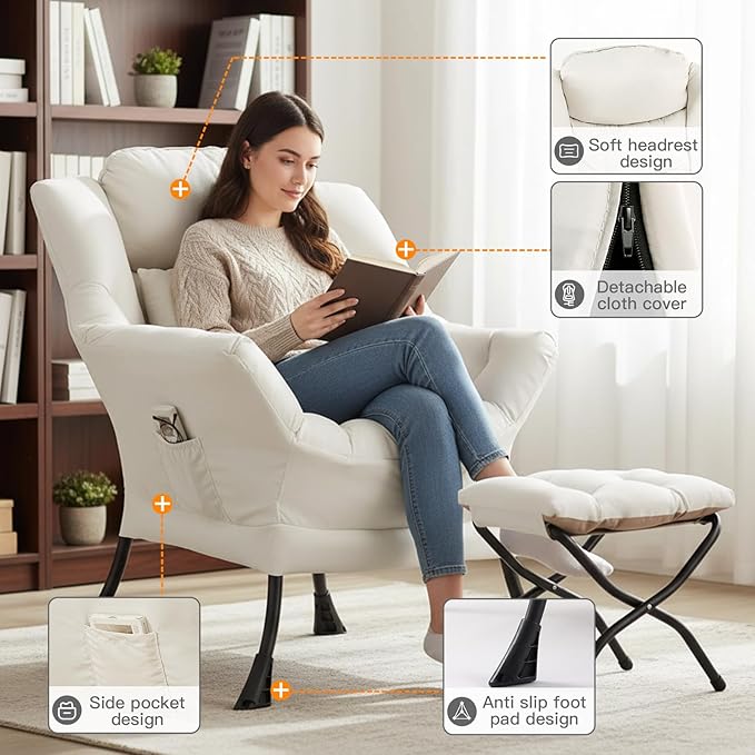 Lazy Chair with Ottoman, Large Lounge Accent Chair with Ottoman and a Throw Pillow, Beige Reading Chair for Living Room Bedroom Dorm Room Office Apartment Relaxing Use