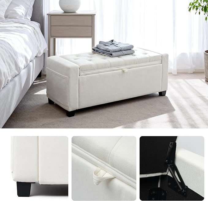 Storage Ottoman Bench for Bedroom & End of Bed Seating, Upholstered Tufted Linen Bench with Hidden Storage & Safety Hinge, 43 Inch, 350 lb Weight Capacity, Linen Beige