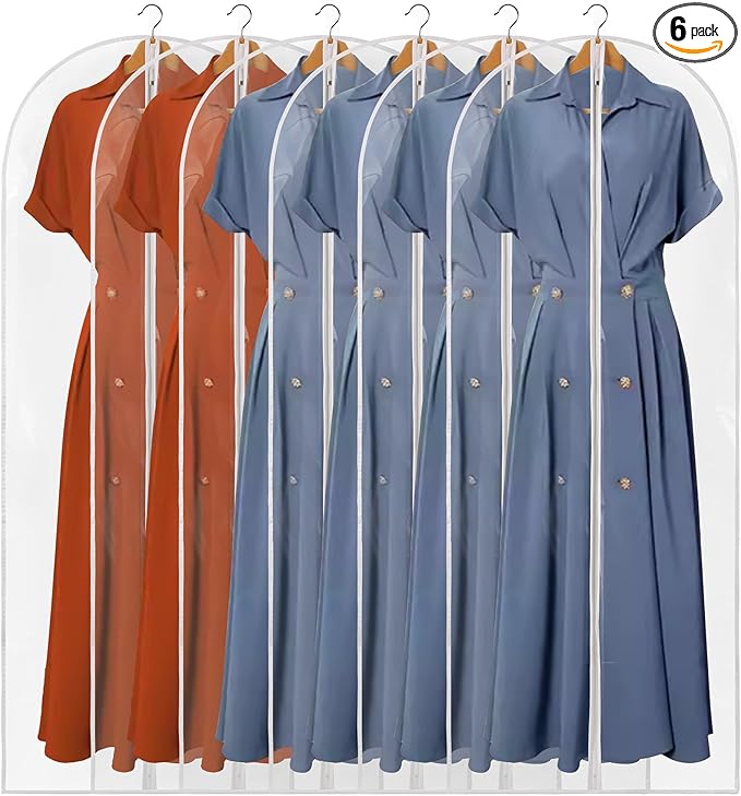 60" Dress Bags for Gowns, 6 Packs All Clear Garment Bags for Hanging Clothes, Plastic Waterproof Dress Cover with Zipper for Dresses, Coats, Uniforms (Set of 6)
