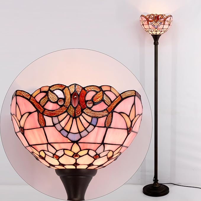 WERFACTORY Tiffany Floor Lamp Pink Baroque Stained Glass Light 12X12X71 Inches Pole Torchiere Standing Corner Torch Uplight Decor Bedroom Living Room Home Office S003P Series