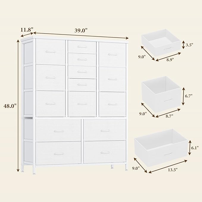 GarveeHome 15 Drawers Dressers, Chest of Drawers with Wood Tabletop, Metal Frame, Storage Organizer Unit with Fabric, Tall Dressers for Bedroom Living Room Hallway Entryway, White