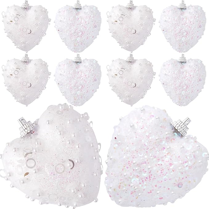 White Valentine's Day Heart Ornaments 10Pcs Glitter Sequin Heart Shaped Baubles Decoration Valentines Pearl Foam Hanging Decor(2.36in)