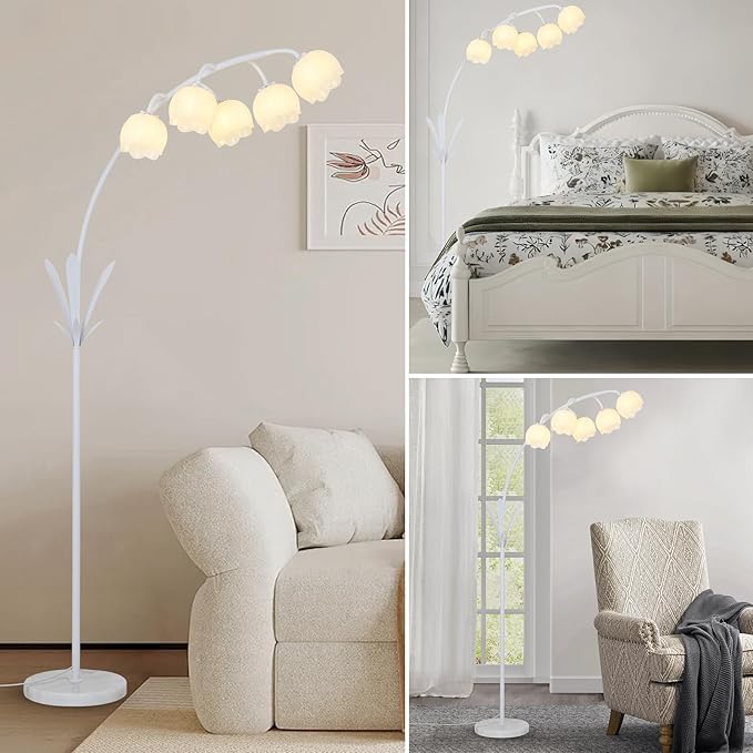 HMVPL White Floral Floor Lamp, Cute Flower Standing Lamp for Bedroom, Modern Tall Lamp with 5 G9 LED Bulbs, Foot Switch, Acrylic Shade, Curved Floor Lamp for Living Room Corner Bedside Kids Home Decor