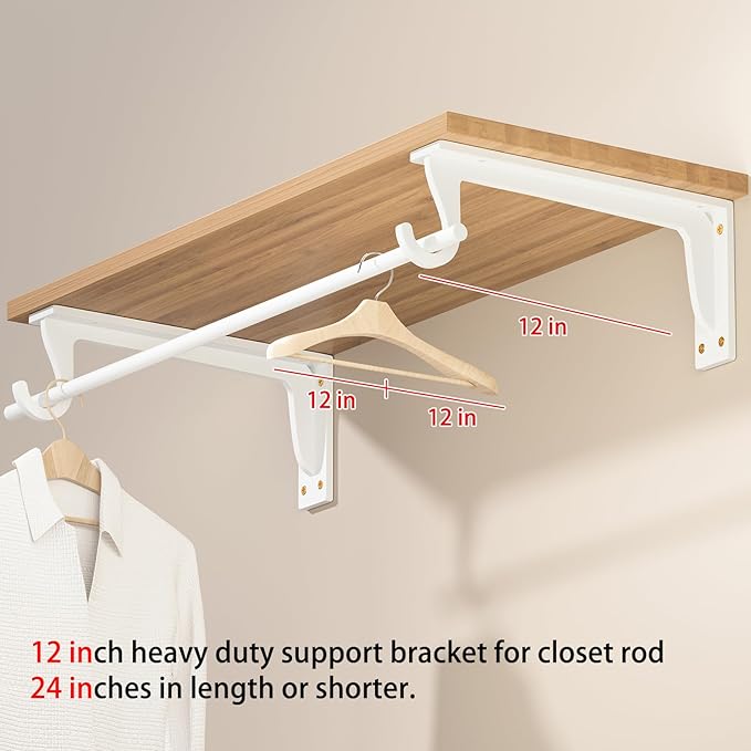 Closet Rod Support Bracket 12 inch WYGWP Heavy Duty Closet Shelves Brackets with Rod Shelving Supports 400lbs, Wall Mounted Shelf and Rod Holder for Armoire Wardrobe and Walk-in Closet Decor (4 Pack)