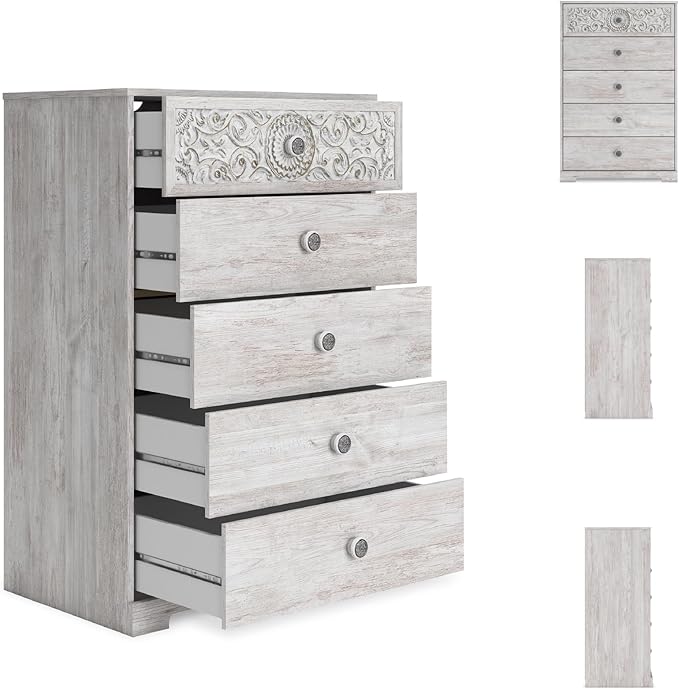 Signature Design by Ashley Paxberry Boho 5 Drawer Chest of Drawers, Whitewash