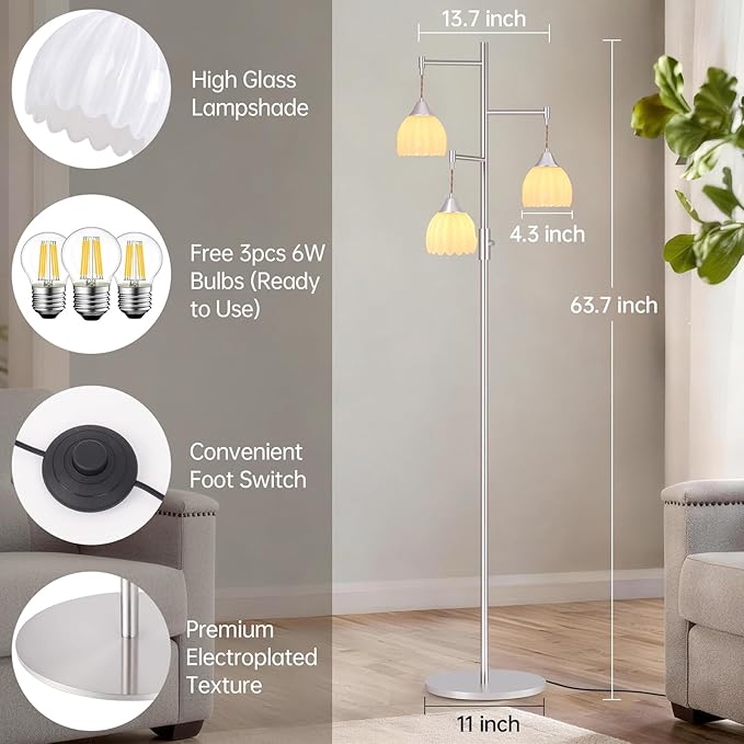 Dimmable Floor Lamp for Living Room, Bedroom, Nickel Standing Lamp with 3pcs 6W Bulbs, Vintage Floor Lamps for Corner, Nursery (White Tulip)