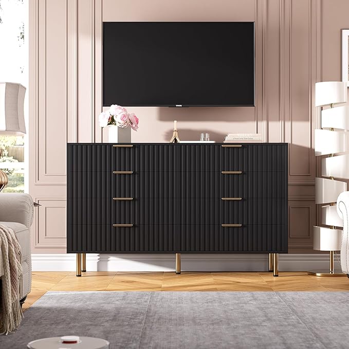 GarveeHome 8 Drawer Dresser for Bedroom, Fluted 55 in Wide Modern Chest of Drawers with Deep Drawers, Wooden Dresser Organizer for Living Room, Hallway, Kids Room, Black