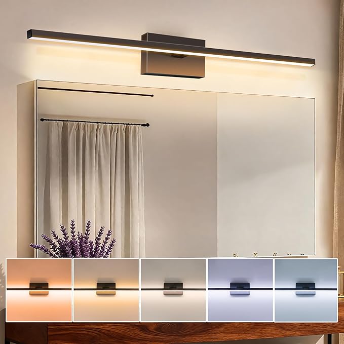 Wall-Mounted Bathroom Lighting Fixtures, 32 Inch 24W IP44 Black Modern Bathroom Vanity Light, 5CCT Adjustable (2700K–5000K), Dimmable LED Light Fixture, Dual-Sided, 180° Rotatable Angle, ETL