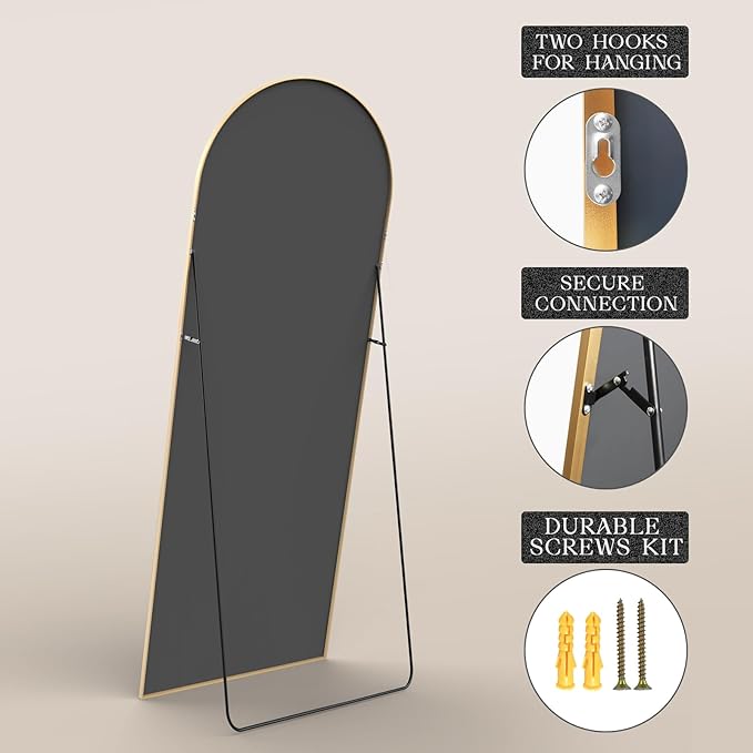MISSDAY 64"x21" Arched Full Length Mirror, Full Body Mirror with Stand, Floor Mirror Long Free Standing, Leaning or Hanging, Aluminum Thin Frame Wall-Mounted Mirrors Wall Mirrors for Bedroom, Gold