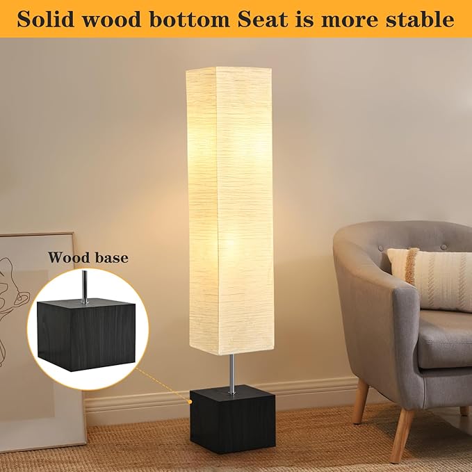 Modern Floor Lamp with Wooden Base, 58-inch Tall, White Shade, Foot Switch, 60W E26 Compatible