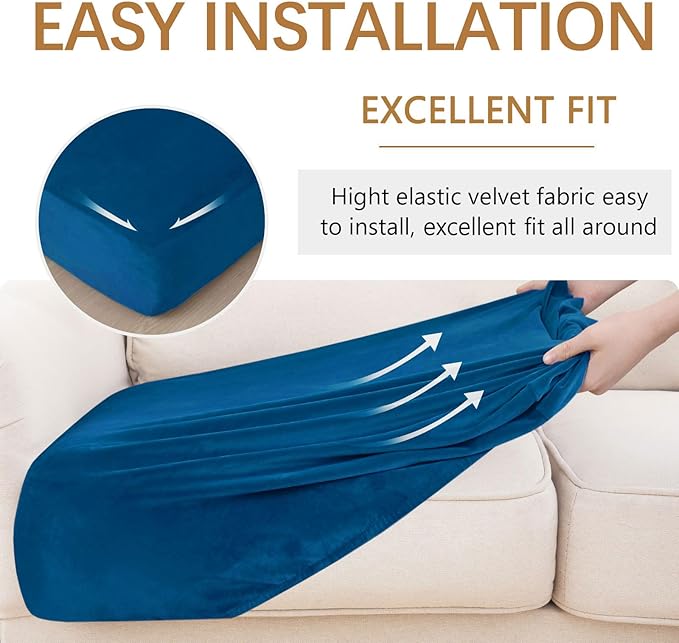 hyha Velvet Couch Cushion Covers, Soft Sofa Seat Covers for sectional 2 Cushion Couch Washable, Magic Sofa Slipcover with Elastic Bottom, Non-Slip Furniture Protector for Pets, Kid(Medium, Royal Blue)
