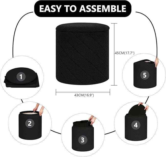 Round Ottoman with Storage - Foldable Stylish Coffee Table for Living Room & Bedroom - Space-Saving Ideal for Home Decor and Organization for Families & Individuals-Black