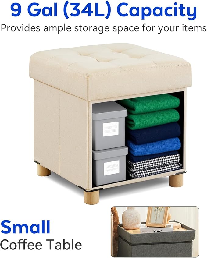 BRIAN & DANY Ottoman with Storage, Square Small Storage Ottoman Foot Rest with Legs, Ottomans Foot Stool for Dorm, Living Room, Entryway (Beige) 14.8" x 14.8" x 16"