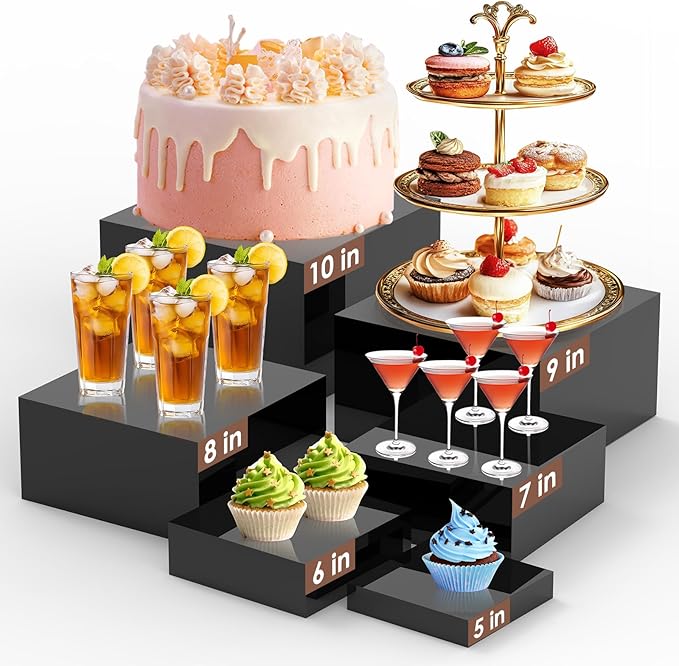 6Pcs Black Buffet Risers Set (Size 5",6",7",8",9",10"),Food Risers for Buffet Table Display Stand Shelf for Party Catering Dessert Collectibles Acrylic Cube Boxes Display with Hollow Bottoms