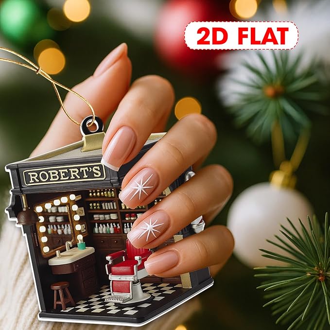 Personalized Barbershop Christmas Ornament, Custom Name Barber Shop Holiday Decor, Acrylic Flat Ornament Gift for Hairdresser & Stylist