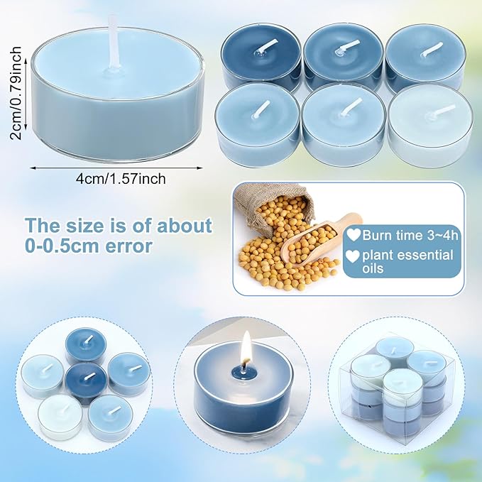 Honoson 12 Pack Blue Tea Lights Candles Blue Round Tea Light Natural Wax Scented 6 Scents Conversation Candle for Spring Easter Wedding Engagement Gifting Aromatherapy Anniversary Summer Home Decor