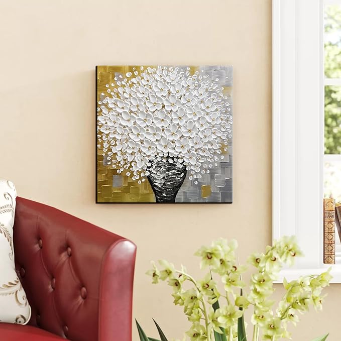 YaSheng Art- 3D Thick Texture White Canvas Wall Art Hand-Painted Minimalism Abstract Artwork Oil Painting Home Decorations Modern bedroom Wall Art Ready to Hang 24x24inch