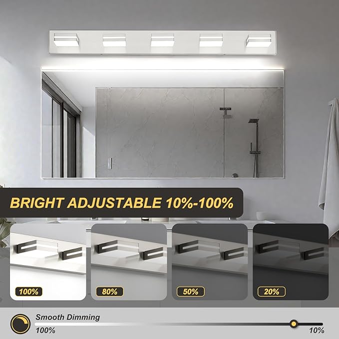 OKELI 5 Lights Bathroom Vanity Light Fixtures Brushed Nickel LED Dimmable Vanity Light Over Mirror Modern Wall Mounted Lighting Fixture, 350° Rotatable Lamp Head 36W Cold White 6000K ETL Listed